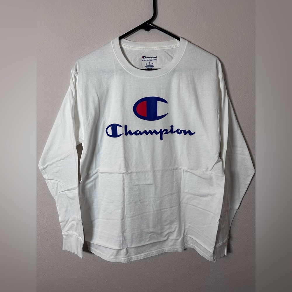 Champion Men's White Long Sleeve Tee with red and Blue Logo size medium